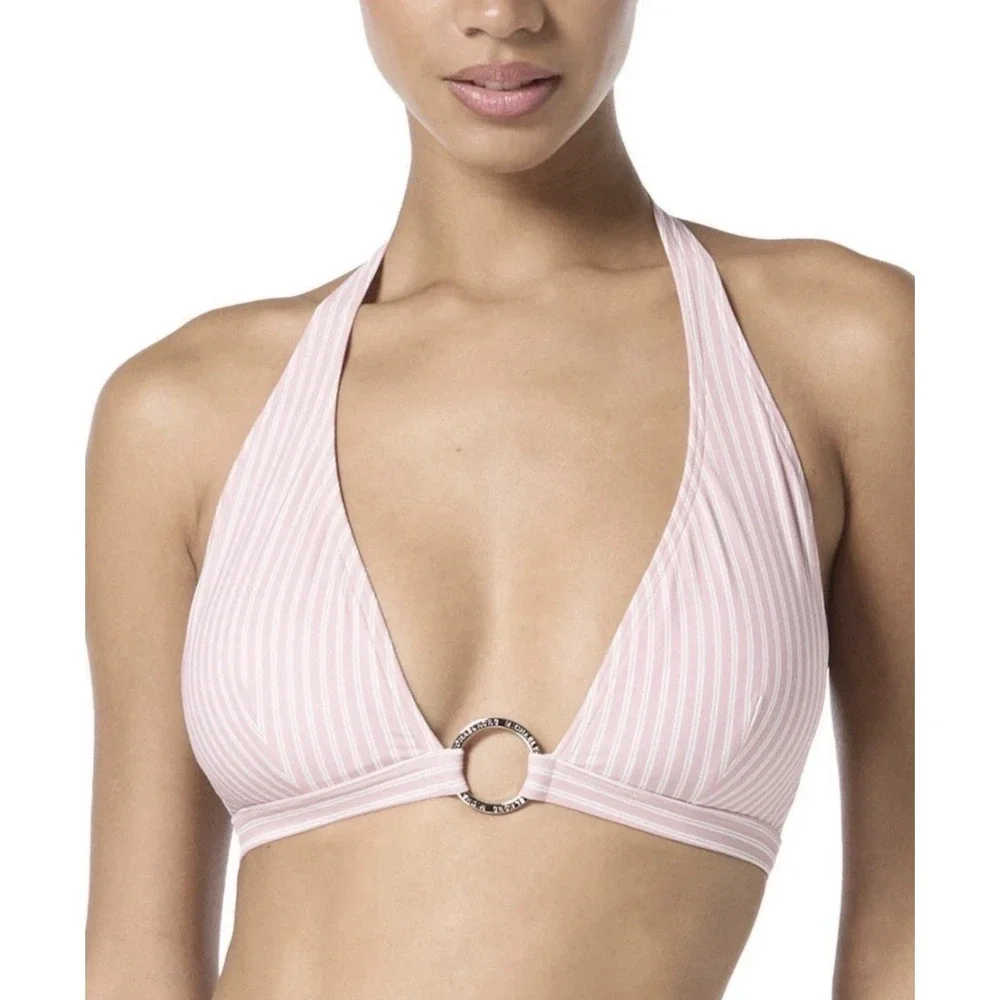 Michael Kors Pink/White Striped Halter Triangle Ring Bikini Top Lined Tie Sz S